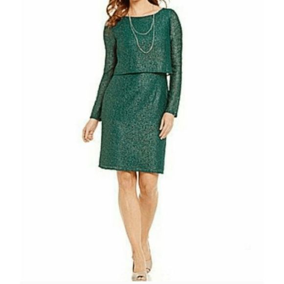 Alex Marie NWT Metallic Lace Sheath Blouson Green Dress, Size 14, MSRP $139 - Picture 1 of 16